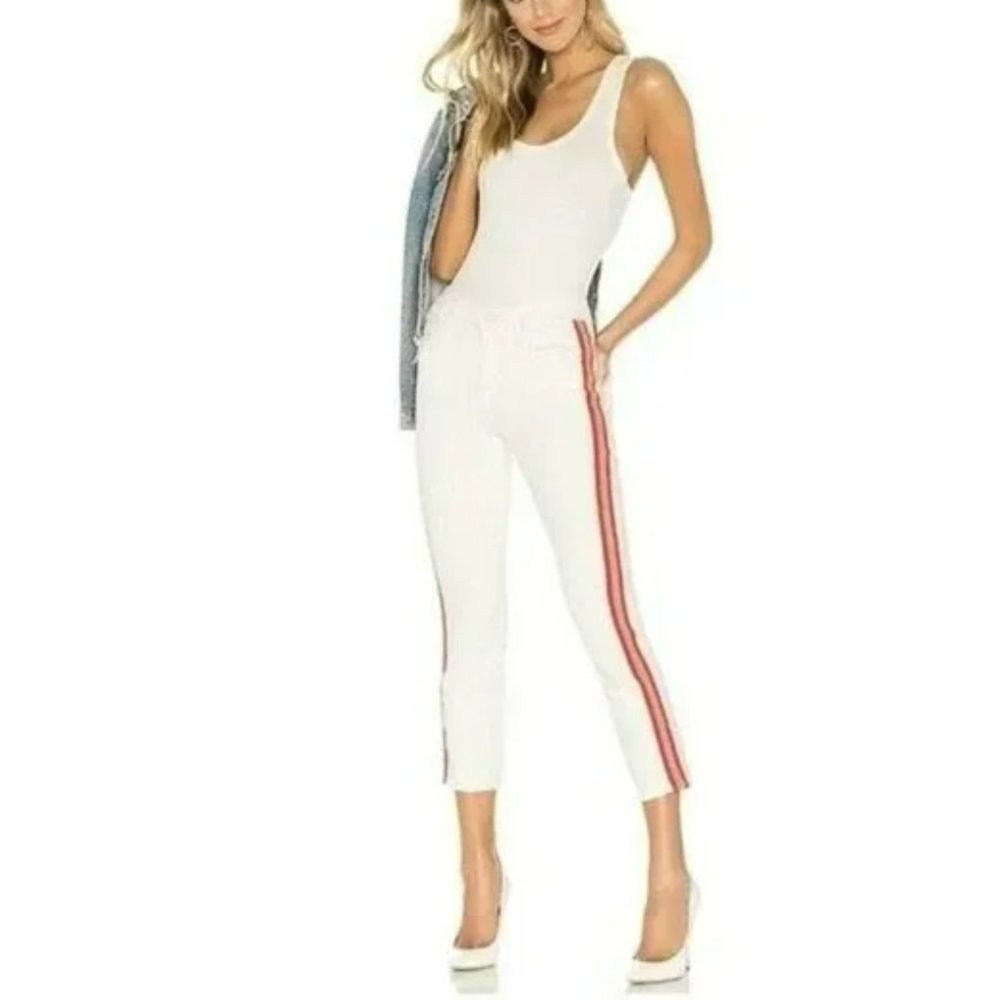 MOTHER White Cropped Jeans with Red Side Stripes